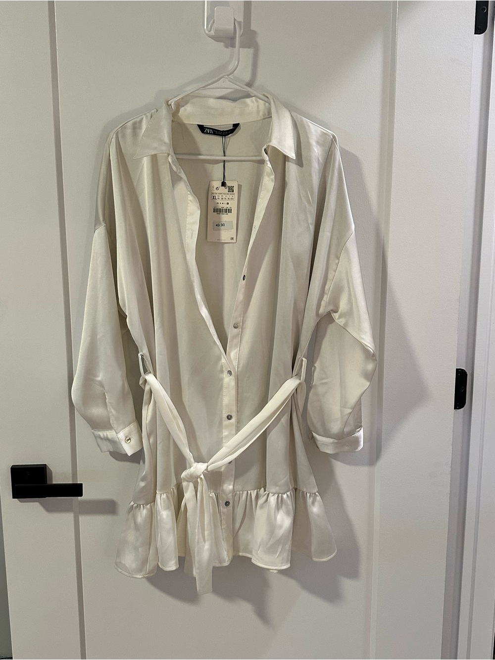 Zara Cream Satin Button-Front Belted Ruffle Hem Shirt